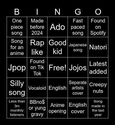 Music Bingo Card