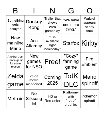 Nintendo Direct Bingo Card