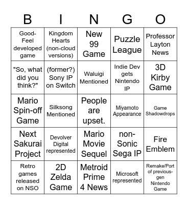 Nintendo Direct June 18, 2024 Bingo Card