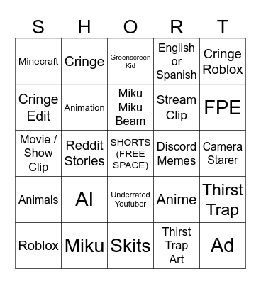 Youtube Shorts BIngo Card
