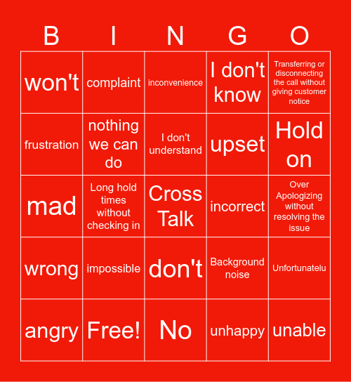 Negative Sentiment Bingo Card