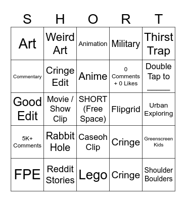 YT SHORTS BINGO: HARD EDITION Bingo Card