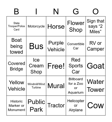 Road Trip Bingo Card