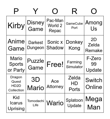 Nintendo Direct Bingo Card