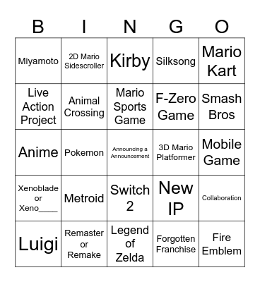 Nintendo Direct 6-18-24 Bingo Card