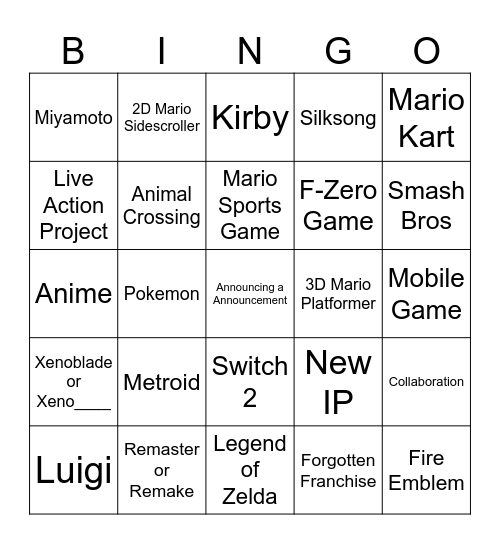 Nintendo Direct 6-18-24 Bingo Card