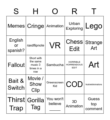 Youtube Shorts Bingo: IMPOSSIBLE Bingo Card