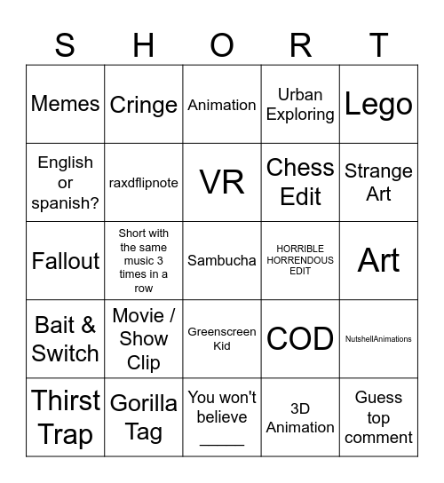 Youtube Shorts Bingo: IMPOSSIBLE Bingo Card