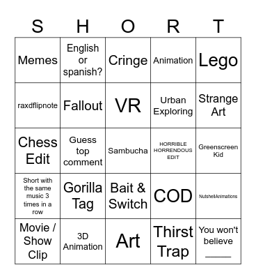 Youtube Shorts Bingo: IMPOSSIBLE Bingo Card