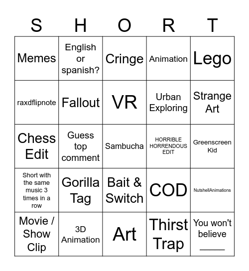 Youtube Shorts Bingo: IMPOSSIBLE Bingo Card