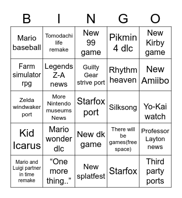 Nintendo direct Bingo Card