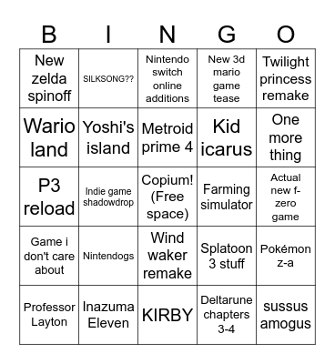 June Nintendo direct 2024 bingo Card