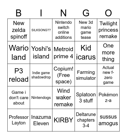 June Nintendo direct 2024 bingo Card