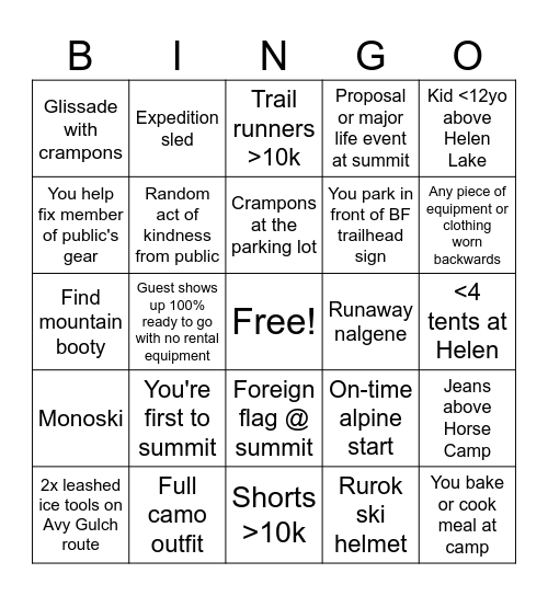 Shasta Bingo Card