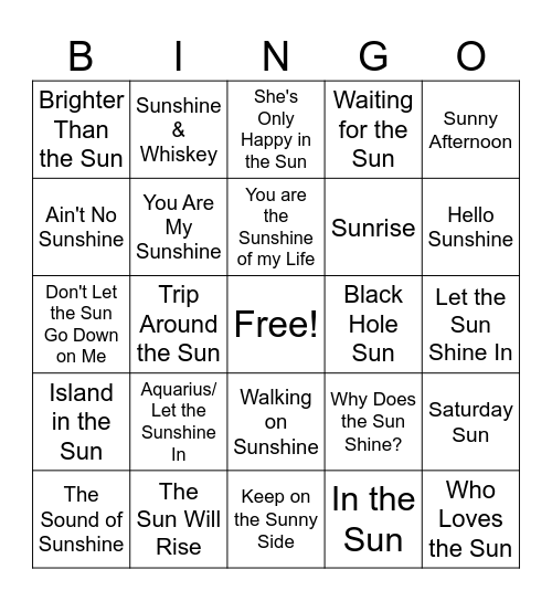 Sunshine Singo Bingo Card