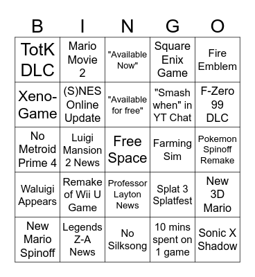 Nintendo Direct Bingo Card