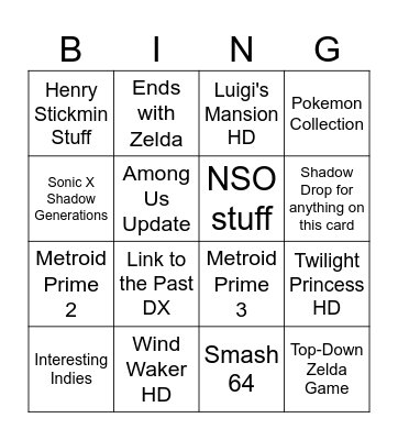June 18th Nintendo Direct Bingo Card