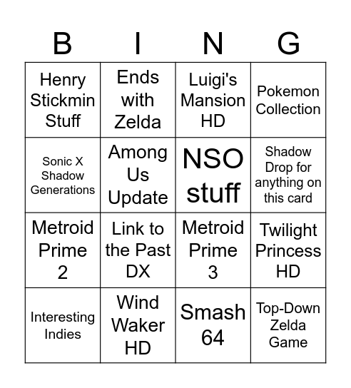 June 18th Nintendo Direct Bingo Card