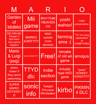 June 18 2024 Nintendo Direct Bingo Card