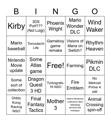 Nintendo Direct Bingo Card