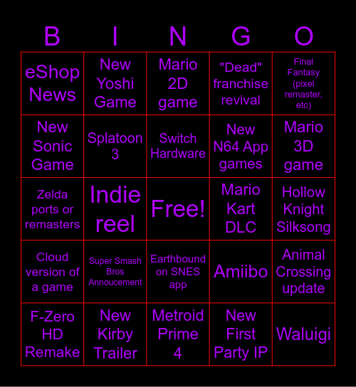 Nintendo Direct Bingo! Bingo Card