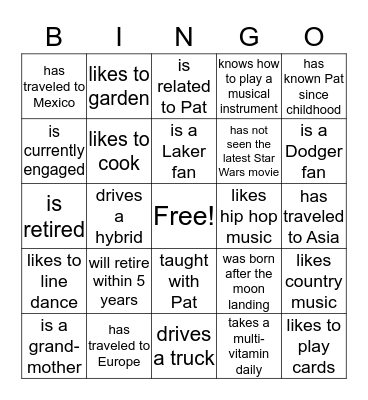 Pat's Retirement Bingo Card