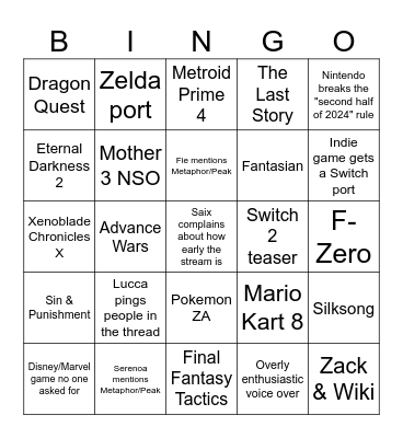 Nintendo Direct Bingo Card