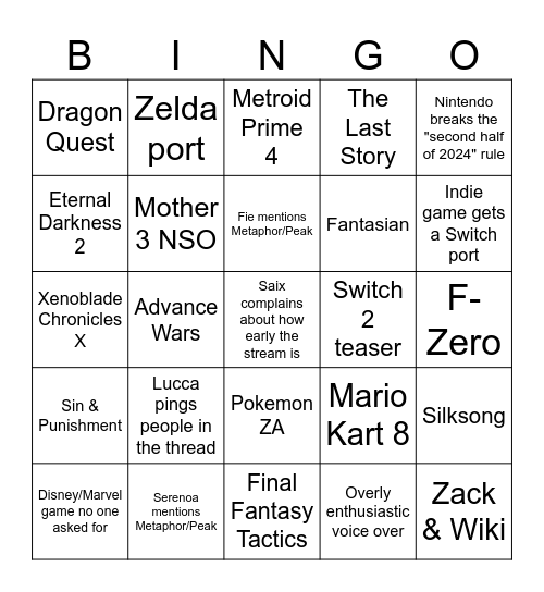 Nintendo Direct Bingo Card