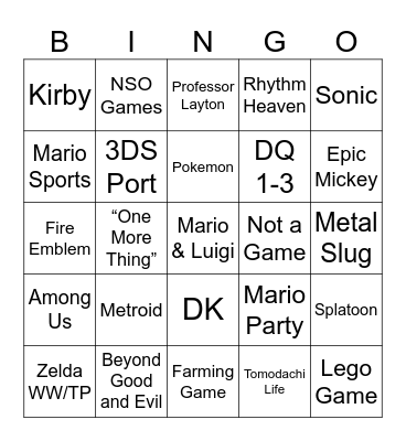 Nintendo direct Bingo Card