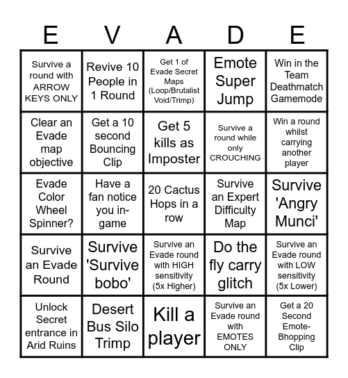 EVADE BINGO Card