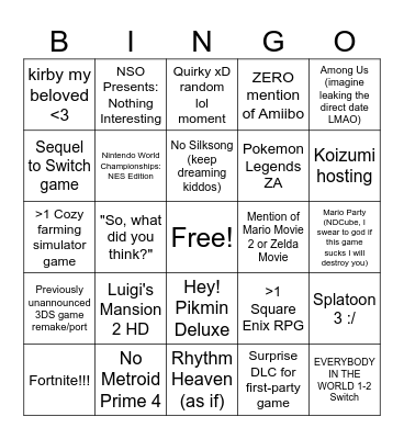 NINTENDO DIRECT BINGO 6/18 Bingo Card