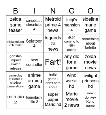 nintendo direct bingo Card