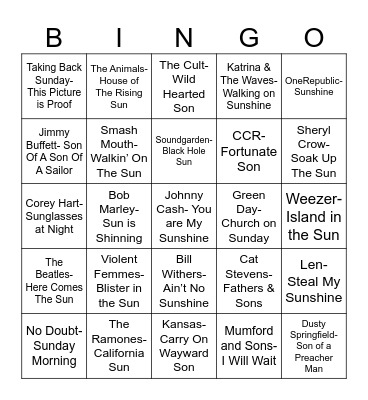 Radio Bingo A Sunny Sunday with a Son Bingo Card