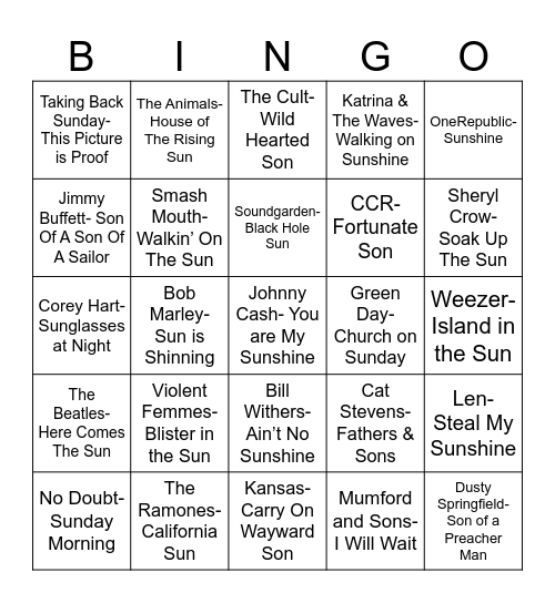 Radio Bingo A Sunny Sunday with a Son Bingo Card