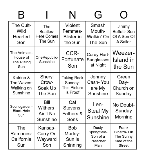 Radio Bingo A Sunny Sunday with a Son Bingo Card