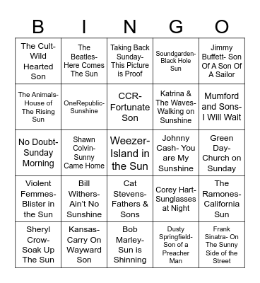 Radio Bingo A Sunny Sunday with a Son Bingo Card