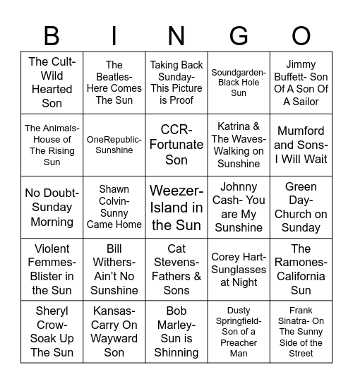 Radio Bingo A Sunny Sunday with a Son Bingo Card