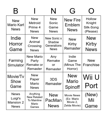 Nintendo Direct Bingo Card