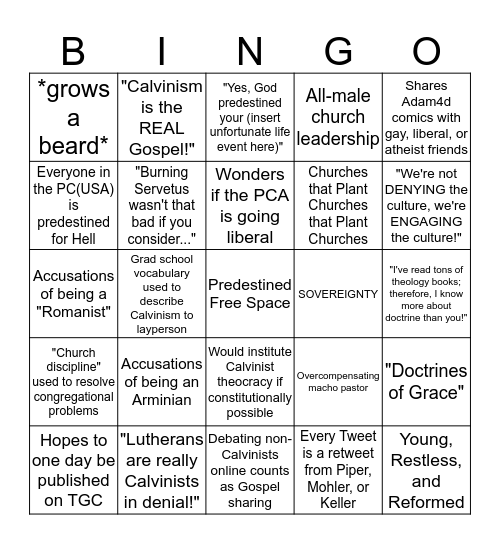 Neo-Calvinist Bingo Card