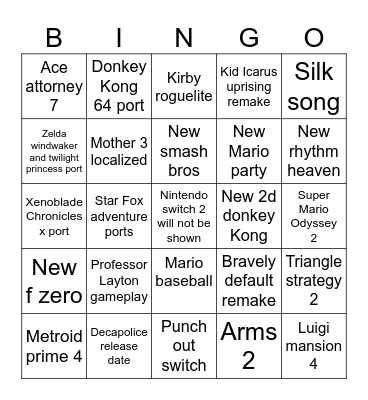 Andy 6/18/24 Nintendo direct predictions Bingo Card