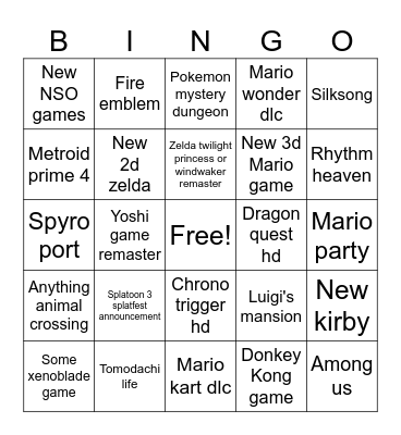 Nintendo Direct June 2024 Bingo Card