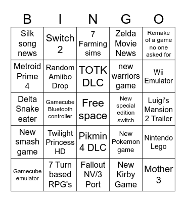 Nintendo Direct Bingo Card