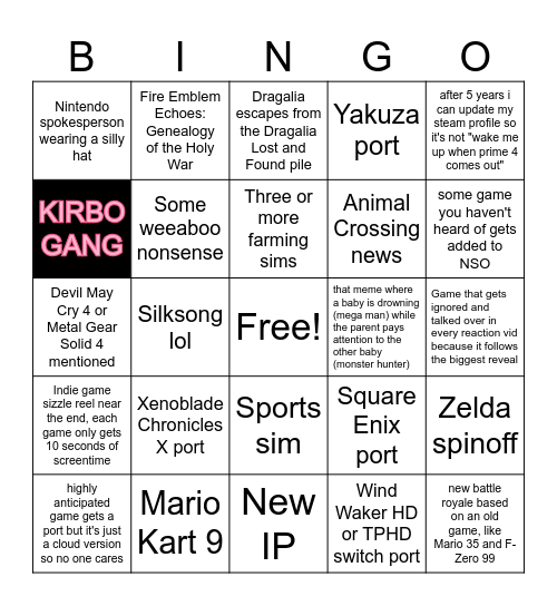 Nintendo Direct June 18th Bingo Card