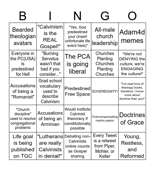 Neo-Calvinist Bingo Card