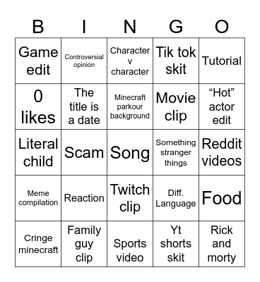 YouTube shorts Bingo Card