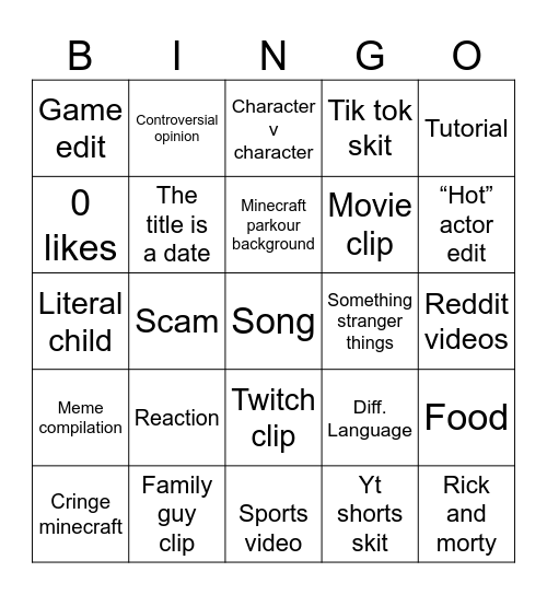 YouTube shorts Bingo Card