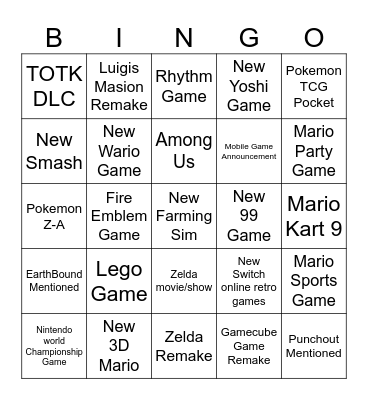 Nintendo Direct Bingo Card