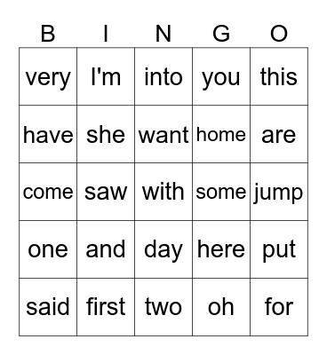 1st Grade First Quarter Sight Words Bingo Card