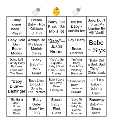 Songs with Babe/Baby in the title Bingo Card