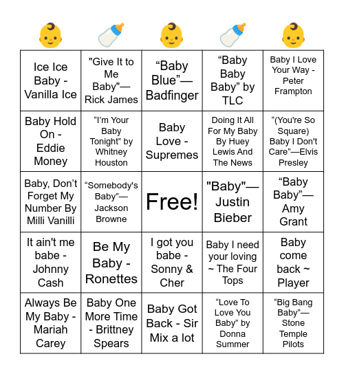 Mortimer's Music Bingo - Songs with Babe/Baby in the title Bingo Card